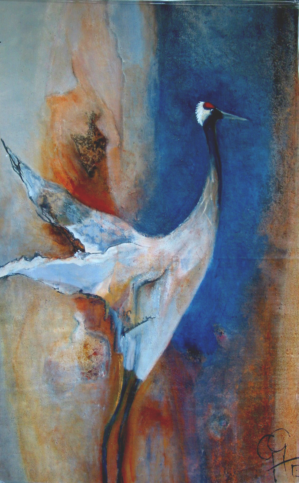 The Crane -Kraanvogel piment en acryl op doek 90x140