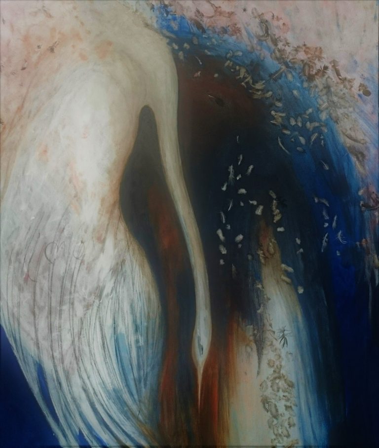 Pas-Seul-100x120-acryl-en-veertjes-op-doek-Gonny-Geurts-768x908